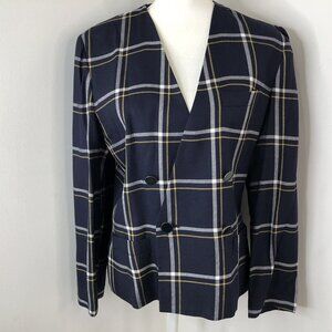 Vintage Blazer Jacket Size 12 Y2K Heathers Plaid Navy Blue White Preppy Classic